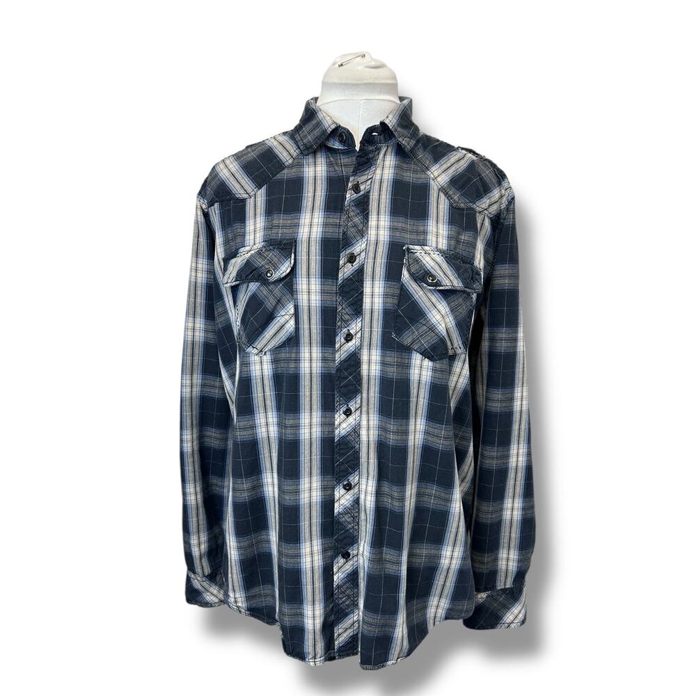 Chalc Mens Long Roll-Tab Sleeve Plaid Western Grunge Button Up Shirt Mens Large